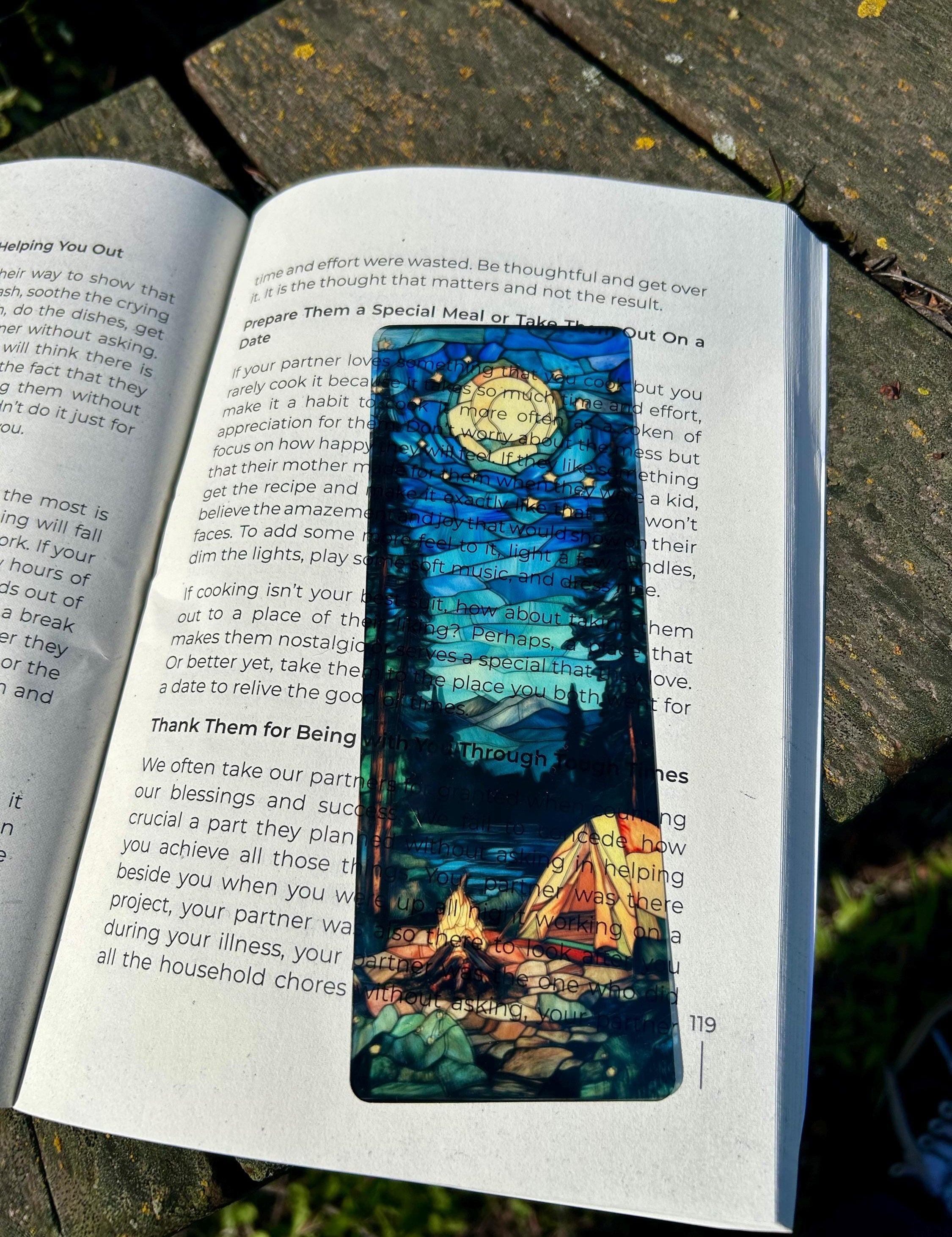 Stained Glass Camping Bookmark - Colorful Nature Design, Perfect for Outdoor Lovers, Book Lovers, and Adventurers, Unique Gift for Campers!
